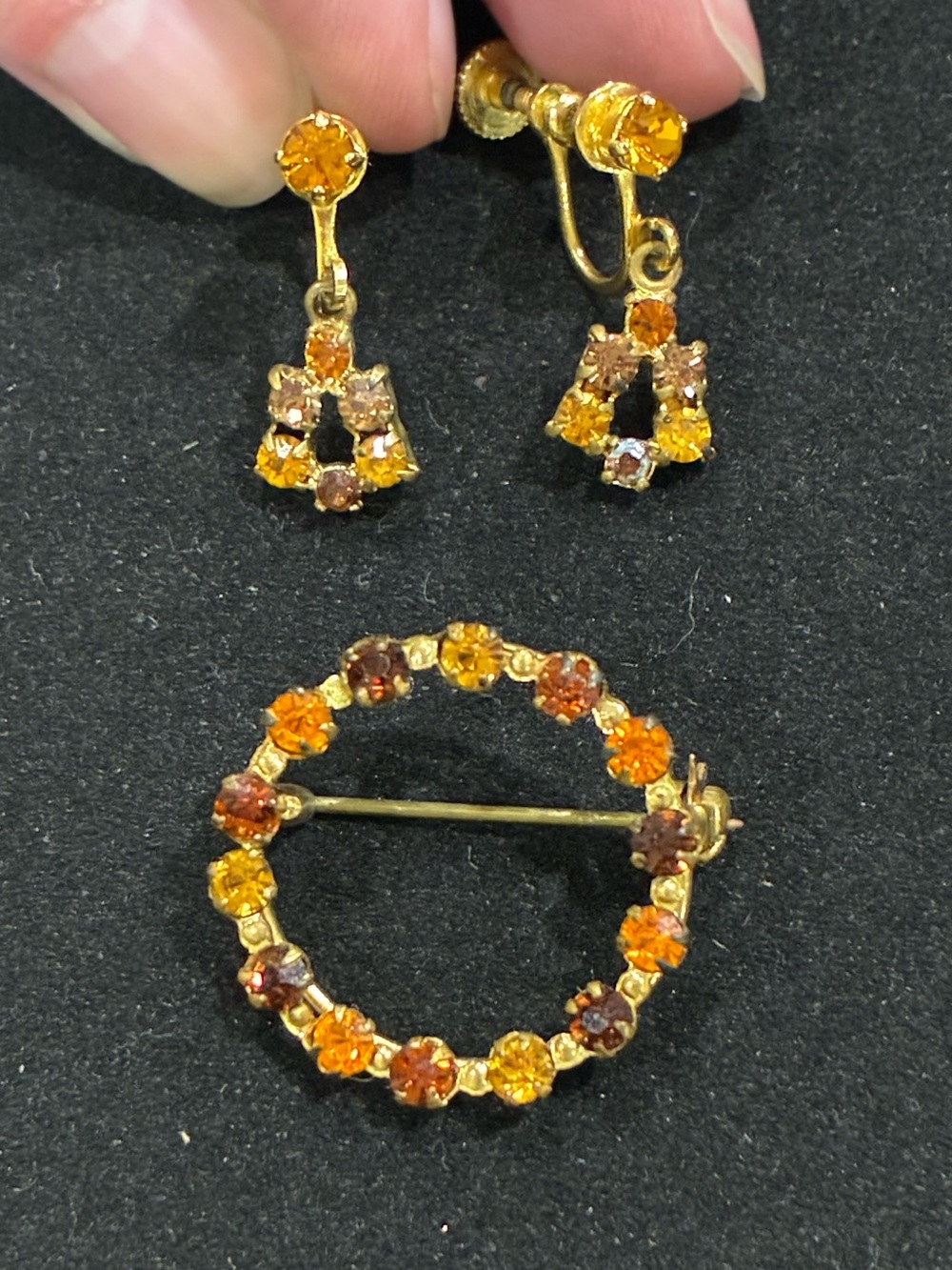 Vintage Mid Century Fall Color Rhinestone Brooch & Earrings Set